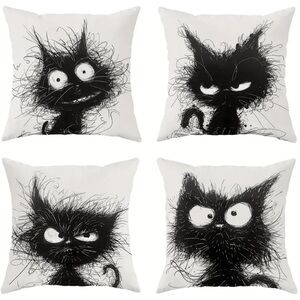 NEW Black and White Illustrated Cat Throw Pillow Covers Set of 4